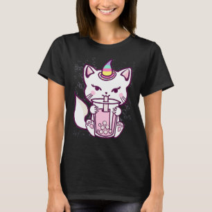 Camiseta Unicórnio de Gato Fofo Bebendo Design de Chá de Bo