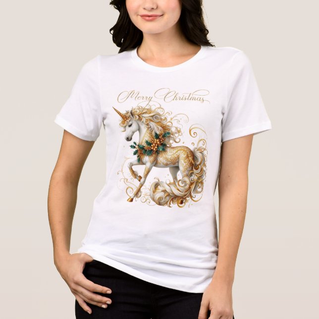 Camiseta Unicórnio de Natal Branco e Dourado Elegante (Frente)