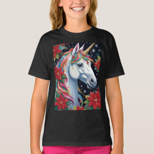 Camiseta Unicórnio de Natal Colorido Com Poinsettias