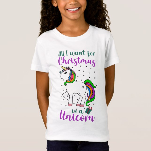 Camiseta Unicórnio de Natal Magico Arco-íris Verde Roxo (Frente)