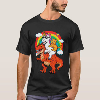 Camiseta Unicórnio Engraçado Gato Montando Dinossauro T-Rex