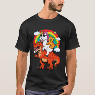 Camiseta Unicórnio Engraçado Gato Montando Dinossauro T-Rex