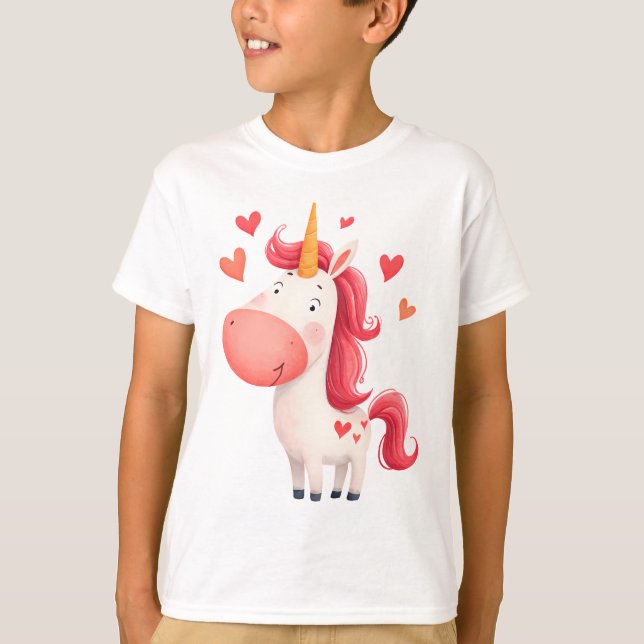 Camiseta Unicórnio Fofo com Corações – Crianças Mágicas  (Frente)