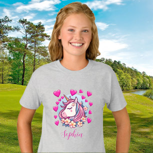 Camiseta Unicórnio Fofo, Corações e Flores Cor-de-Rosa, Nom