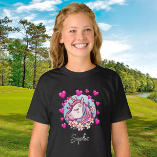 Camiseta Unicórnio Fofo, Corações e Flores Cor-de-Rosa, Nom