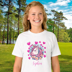 Camiseta Unicórnio Fofo, Corações e Flores Cor-de-Rosa, Nom
