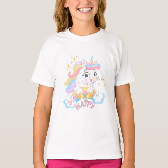 Camiseta Unicórnio fofo Seja Feliz (Frente)