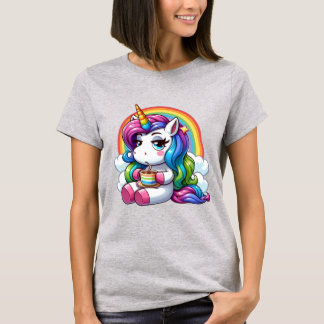 Camiseta Unicórnio Impassível Bebendo Café Sob um Arco-íris