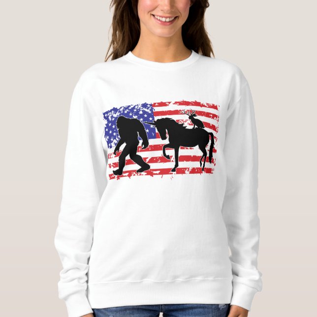 Camiseta Unicórnio, Jackalope, Pé Grande e a Bandeira Ameri (Frente)