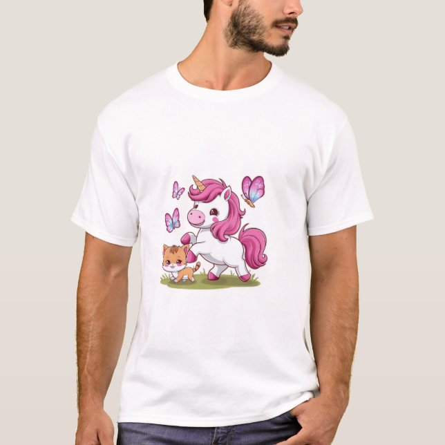 Camiseta Unicórnio Kawaii com gato e borboletas Manga Longa (Frente)