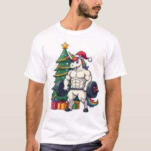 Camiseta Unicórnio Levantando Halterofilismo De Natal Levan