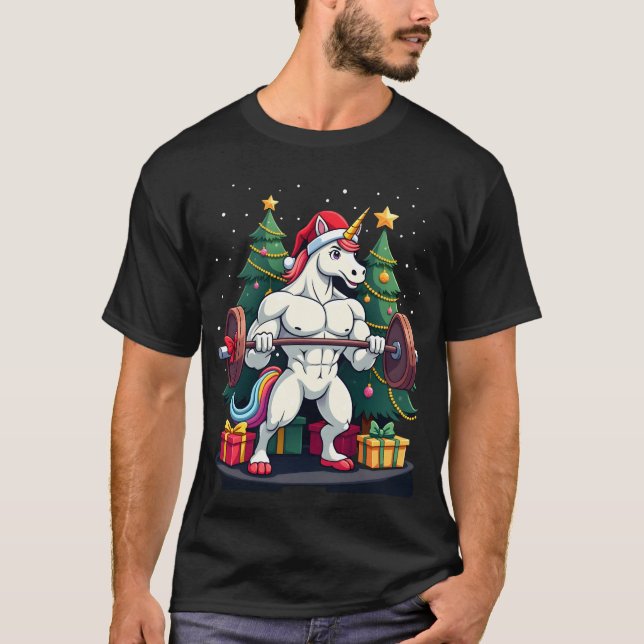 Camiseta Unicórnio Levantando Peso de Natal Levantamento Te (Frente)