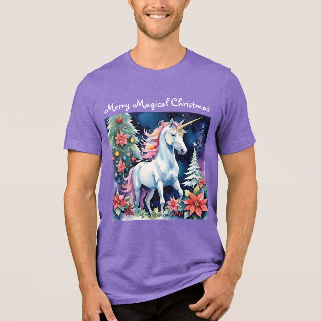 Camiseta Unicórnio Mágico de Natal Alegre & Árvores de Nata (Frente)