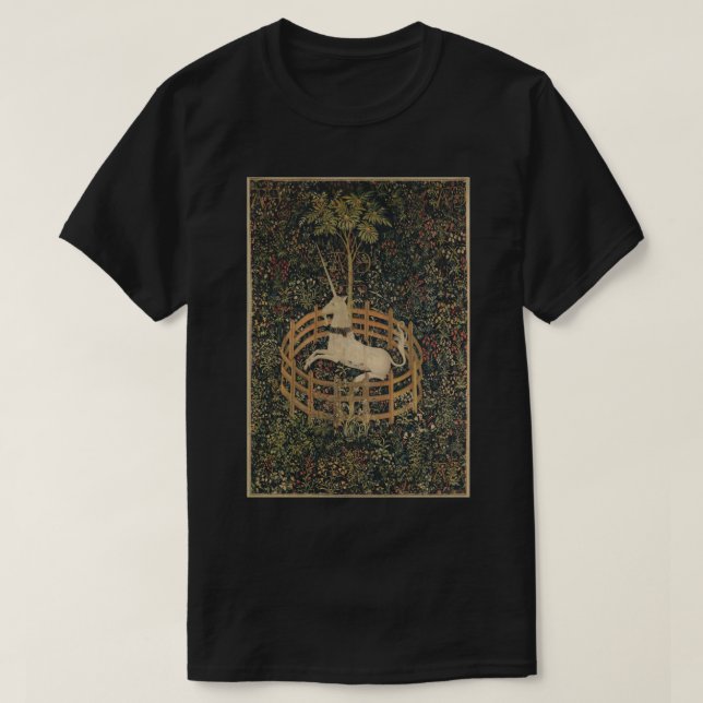 Camiseta Unicórnio Medieval No Stic De Tapeçaria Floral Em  (Frente do Design)