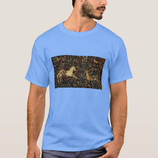 Camiseta Unicórnio Medieval Tapeçaria Floral Meia-Noite vin