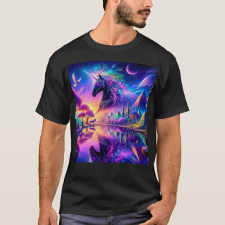 Camiseta Unicórnio Negro em um Mundo Fantástico com Pirâmid
