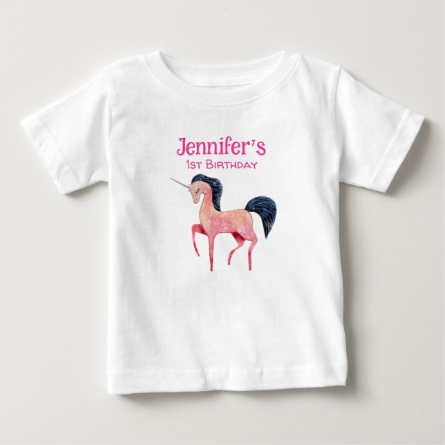 Camiseta Unicórnio Nórdico Rosa com primeiro aniversario de (Frente)