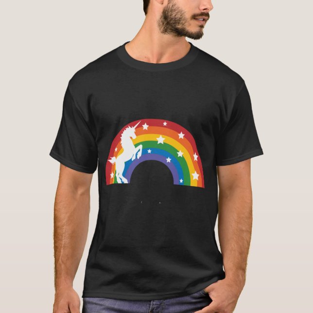 Camiseta Unicórnio retrô e menino retrô do arco-íris (Frente)