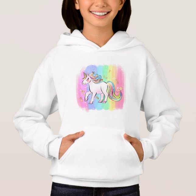 Camiseta unicórnio rosa sobre fundo arco-íris (Frente)