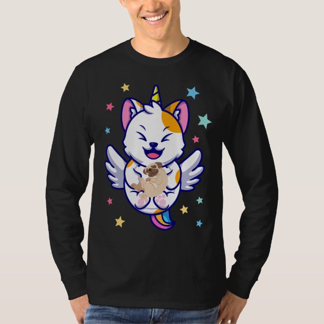 Camiseta Unicórnio Segurando Cachorro Pug Kawaii AnimMen LS (Frente)