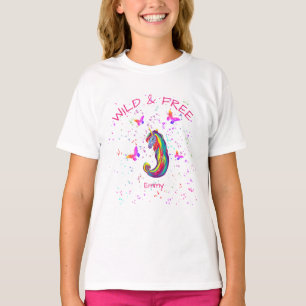 Camiseta Unicórnio Selvagem & Livre Brilha com Borboletas