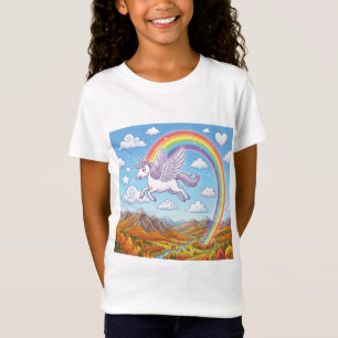 Camiseta Unicórnio Voador de Desenho Animado com Arco-íris