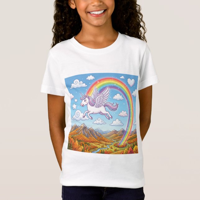 Camiseta Unicórnio Voador de Desenho Animado com Arco-íris (Frente)