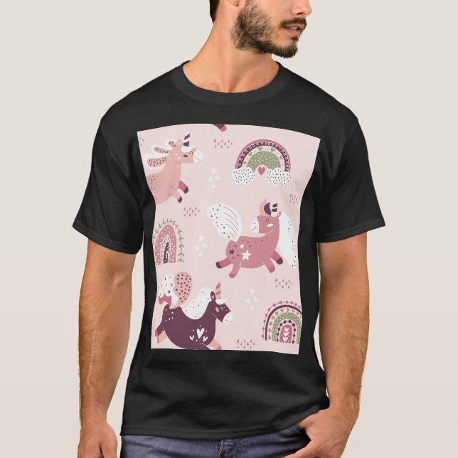 Camiseta Unicorns Rainbows: Fundo Mágico Pastel. (Frente)