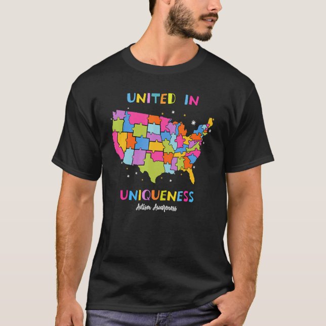 Camiseta Unidos Na Singularidade Mapa Autista Dos EUA Puzzl (Frente)