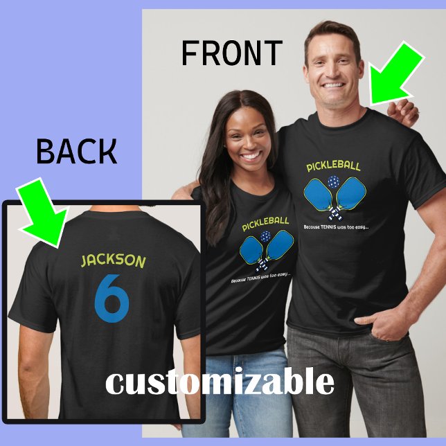 Camiseta Unisex Custom text (frente e verso) Pickleball (Fully customizable pickleball t-shirt for him and her.)