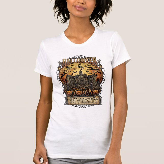 Camiseta Universidade da Cidade do Halloween Mansão Assombr (Frente)