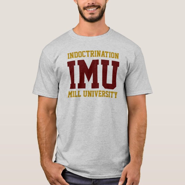 Camiseta UNIVERSIDADE MOÍNO DE DOUTRINAÇÃO - marrom e doura (Frente)