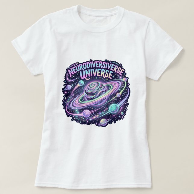 Camiseta Universo Neurodiverso Galáxia Neon (Frente do Design)