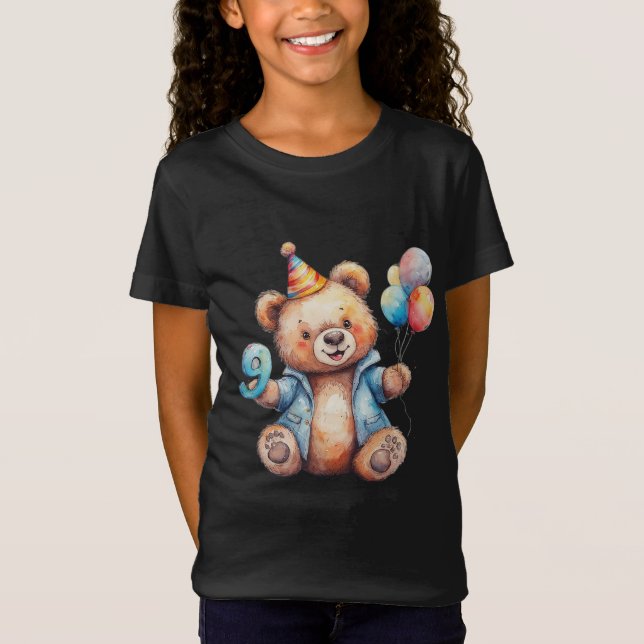 Camiseta Ursa de Aniversário Fofa Com Balões e Chapéu de Fe (Frente)