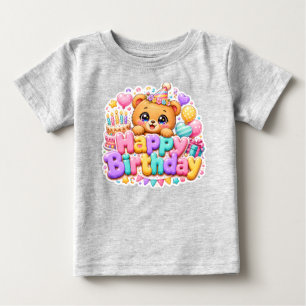 Camiseta Ursa de pelúcia fofa Kawaii Feliz Aniversário Rosa