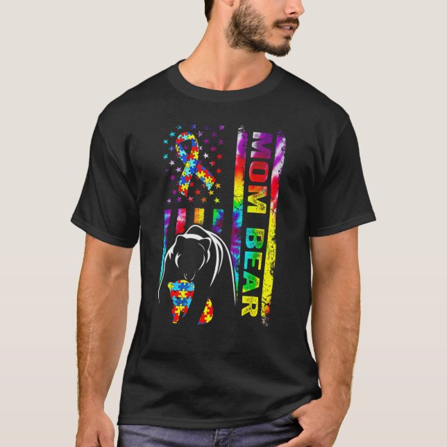 Camiseta Ursa Mãe Conscientização do Autismo Bandeira Ameri (Frente)