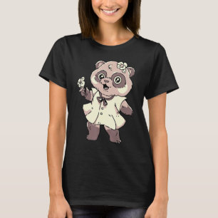 Camiseta Ursinha-panda-branca segurando uma flor e vestindo