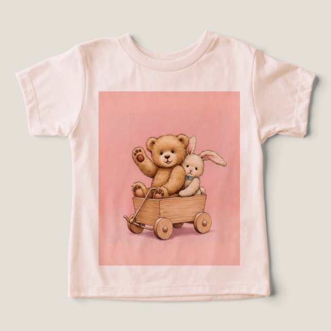 Camiseta Ursinho e coelho em um carrinho (Design frontal)