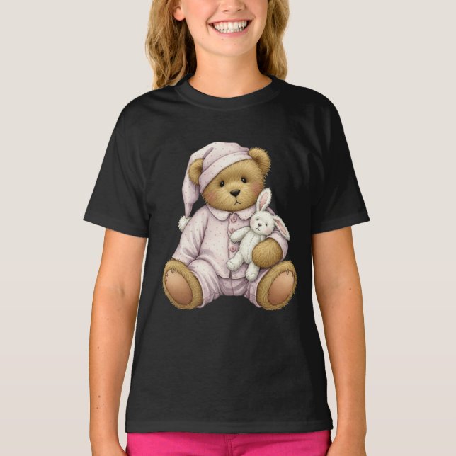 Camiseta Ursinho num Pajama Rosa com Coelho Plush (Frente)