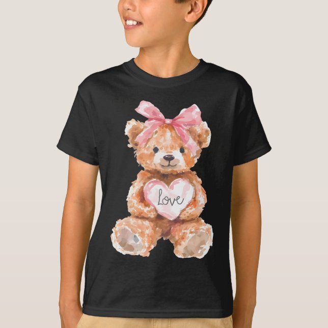 Camiseta Urso Aquarela Com Laço Rosa Presentes De Dia Dos N (Frente)