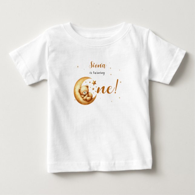 Camiseta Urso Bebê Fofo Dormindo Na Lua 1º Aniversário (Frente)