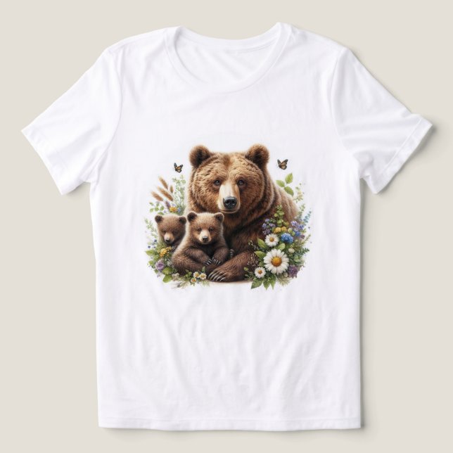Camiseta Urso Castanho com Cubos em Prado Floral (Design frontal)
