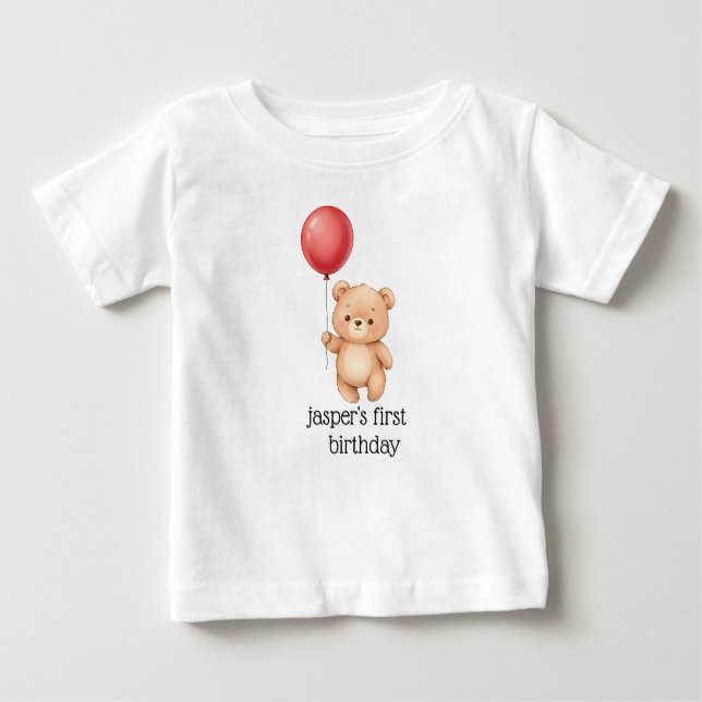 Camiseta Urso com chapéu de festa de balão vermelho Bebê fo (Frente)