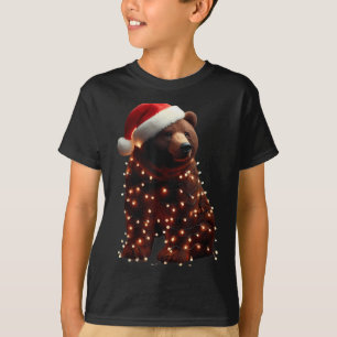 Camiseta Urso Com Papai Noel E Luzes De Natal Curvando Xmas