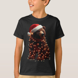 Camiseta Urso Com Papai Noel E Luzes De Natal Curvando Xmas