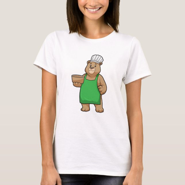 Camiseta Urso como Cozinheiro com placa de Cozinhar e tigel (Frente)