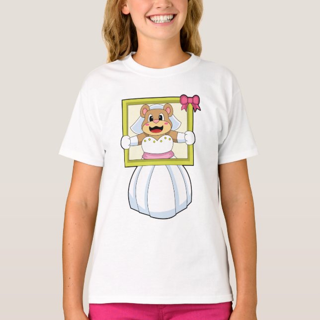 Camiseta Urso como Noiva com Vestido de Casamento e Quadro  (Frente)