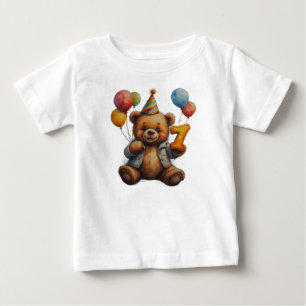 Camiseta Urso de aniversário fofo com balões e chapéu de fe