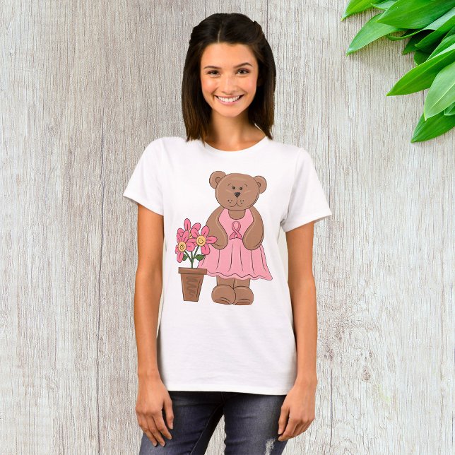 Camiseta Urso de Consciência do Cancer em Vestido Rosa (Criador carregado)