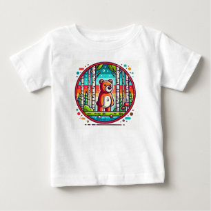 Camiseta Urso de Desenho Animado em uma Floresta Colorida